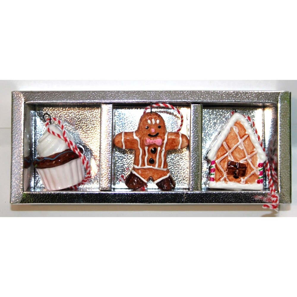 Peppermint Square Mini Ornaments Set 3 Gingerbread House Man Cupcake Christmas